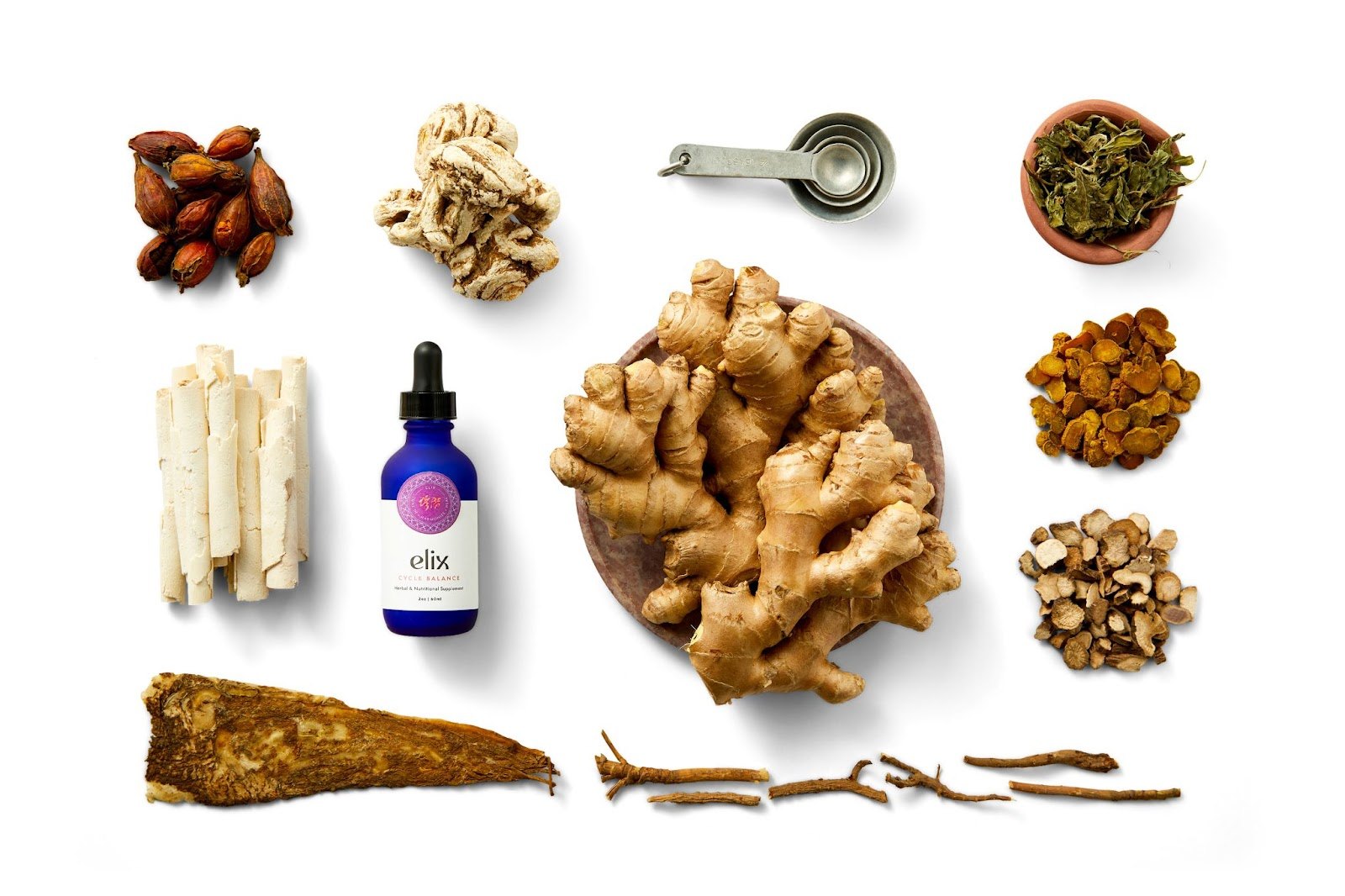 Elix Cycle Balance bottle with ginger and dried herbal ingredients.