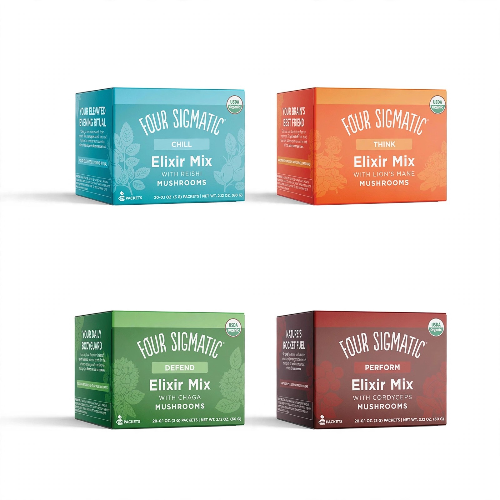 Four Four Sigmatic Elixir Mix boxes arranged on white background.