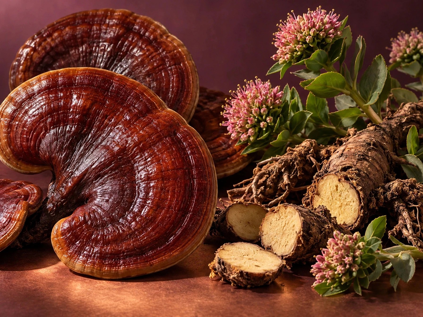 Reishi mushrooms and rhodiola roots with pink flower sprigs.