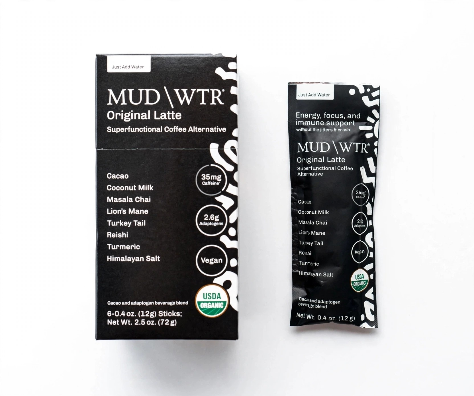 MUDWTR Original Latte box with a single stick pack.