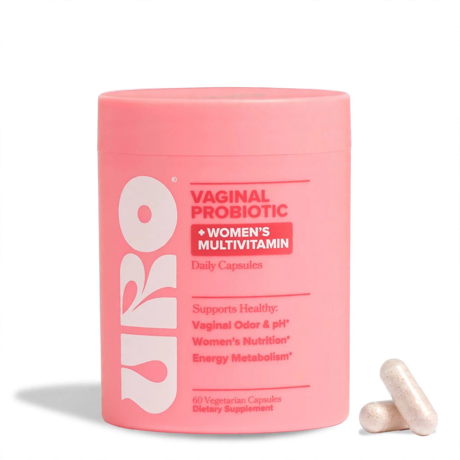 Pink URO jar with two capsules beside it on white.