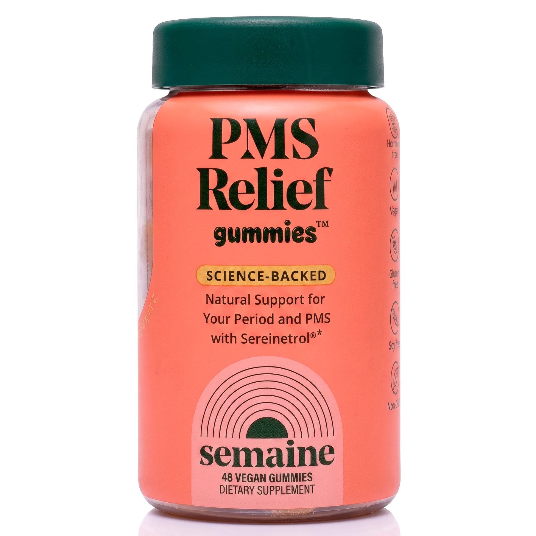 Coral bottle of Semaine PMS Relief gummies on white.